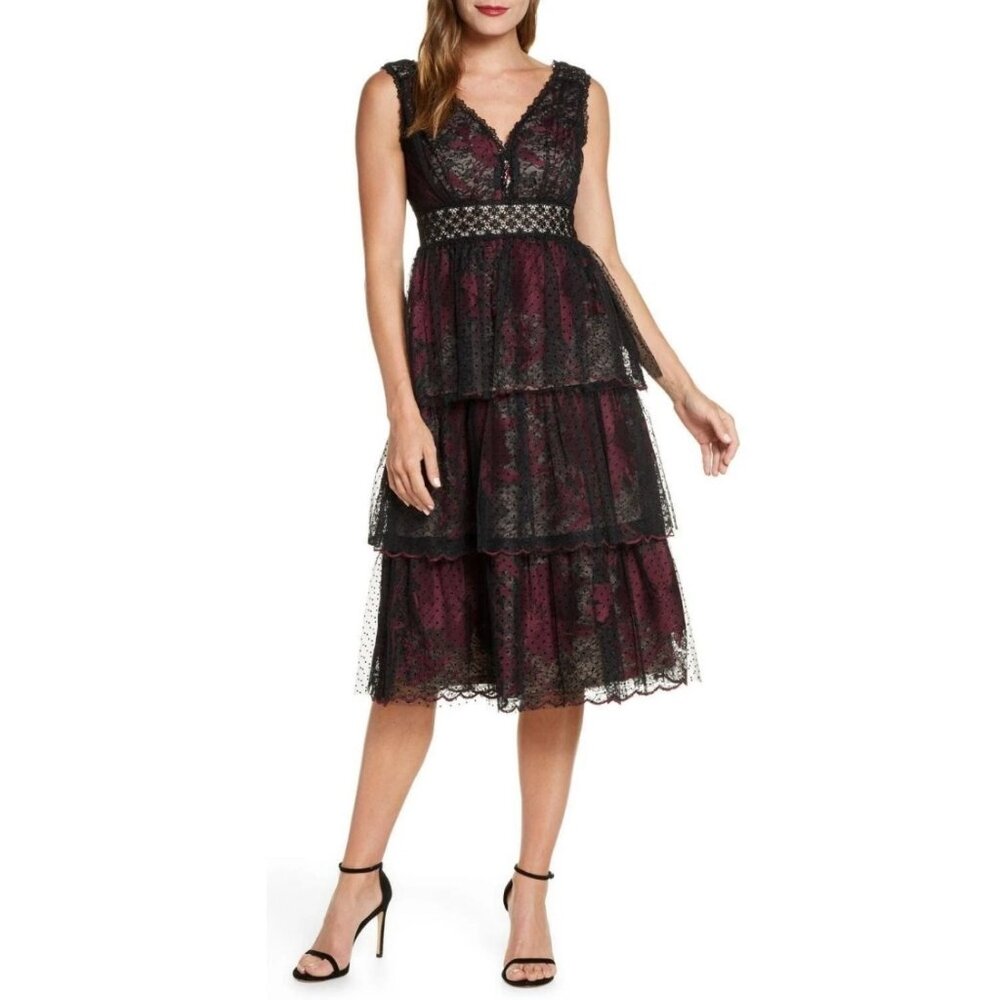 NWT Taylor Black/Burgundy Tiered Tulle Lace Midi Dress 4 Whimsigoth Fairy